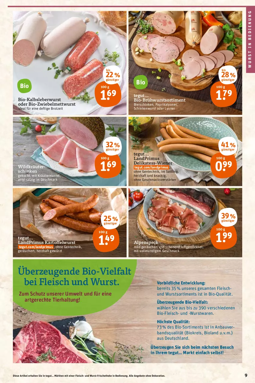 Aktueller Prospekt Tegut - Angebote der Woche - von 11.04 bis 16.04.2022 - strona 11 - produkty: angebot, angebote, Bau, bier, bierschinken, bio, bioland, brot, Brühwurst, dekoration, eis, ente, fleisch, gewürz, Kalbsleber, Kalbsleberwurst, kartoffel, kräuter, landprimus, leberwurst, lyoner, mac, Mantel, Mett, mettwurst, paprika, reis, salz, schinken, schinkenwurst, Speck, Ti, WICK, wiener, Wild, wurst, Yo, zwiebel, zwiebelmettwurst