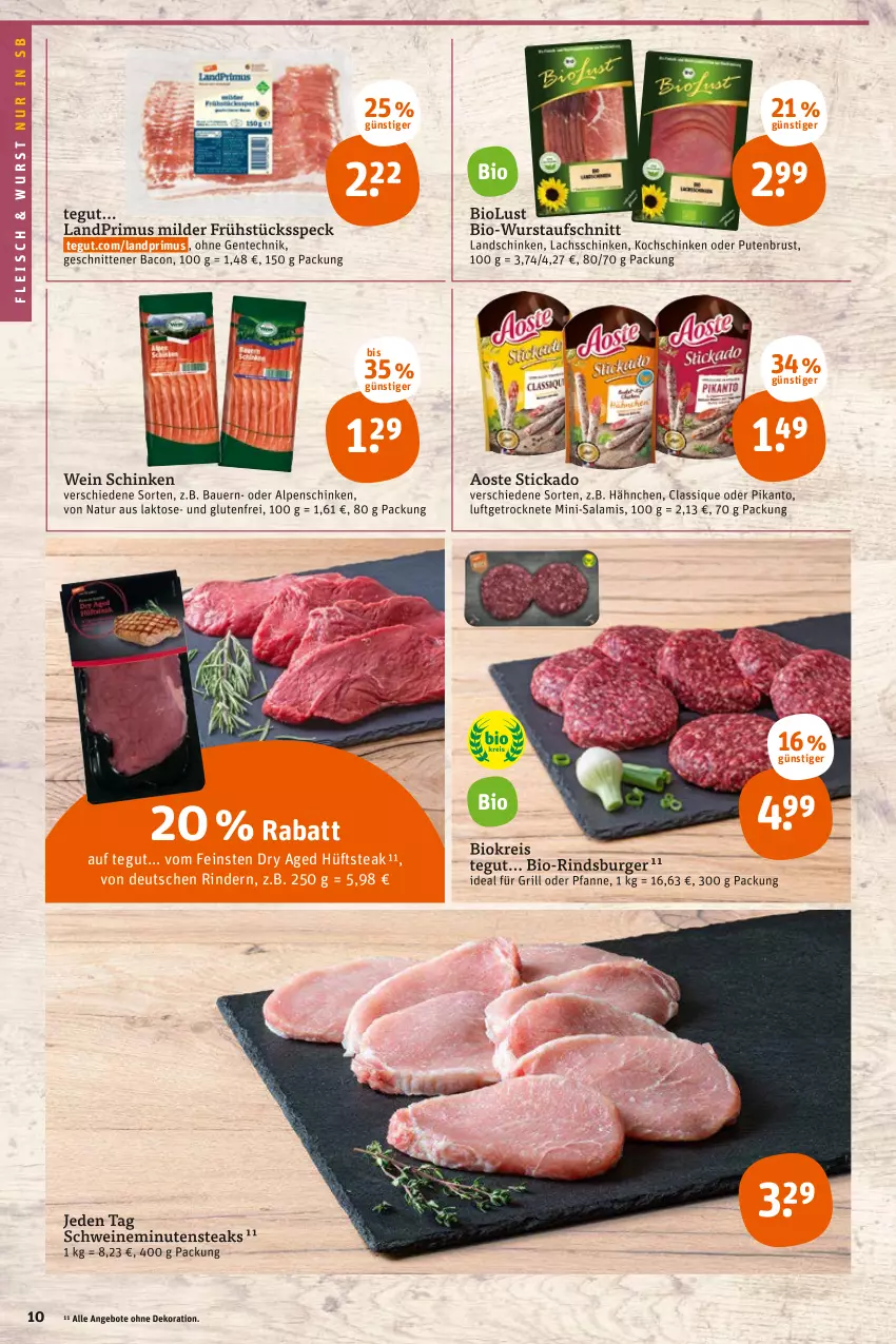 Aktueller Prospekt Tegut - Angebote der Woche - von 11.04 bis 16.04.2022 - strona 12 - produkty: angebot, angebote, aoste stickado, auer, aufschnitt, bacon, Bau, Bauer, bio, burger, dekoration, eis, ente, fleisch, Frühstücksspeck, grill, hüftsteak, ideal für grill, kochschinken, lachs, lachsschinken, landprimus, landschinken, Mini-Salami, minutensteaks, natur, pfanne, pute, putenbrust, reis, rind, rinder, salami, schinken, schnitten, schwein, schweine, Speck, steak, steaks, stickado, Ti, wein, weine, wurst