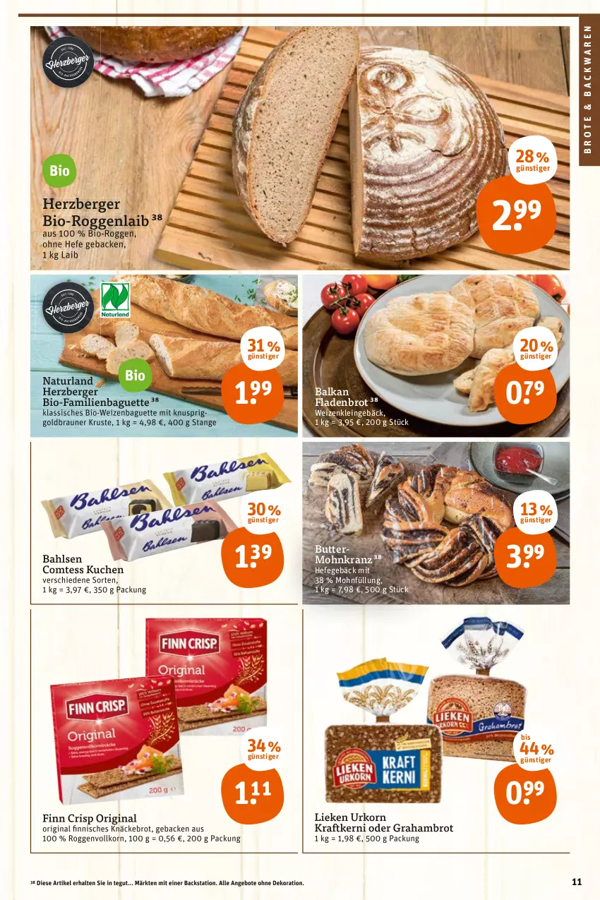 Aktueller Prospekt Tegut - Angebote der Woche - von 11.04 bis 16.04.2022 - strona 13 - produkty: angebot, angebote, backwaren, baguette, bahlsen, Berger, bio, braun, brot, butter, comtess, comtess kuchen, dekoration, Fladenbrot, geback, gin, Hefe, herzberger, knäckebrot, korn, kraft, Kranz, kuchen, lieken, natur, naturland, Ti, urkorn