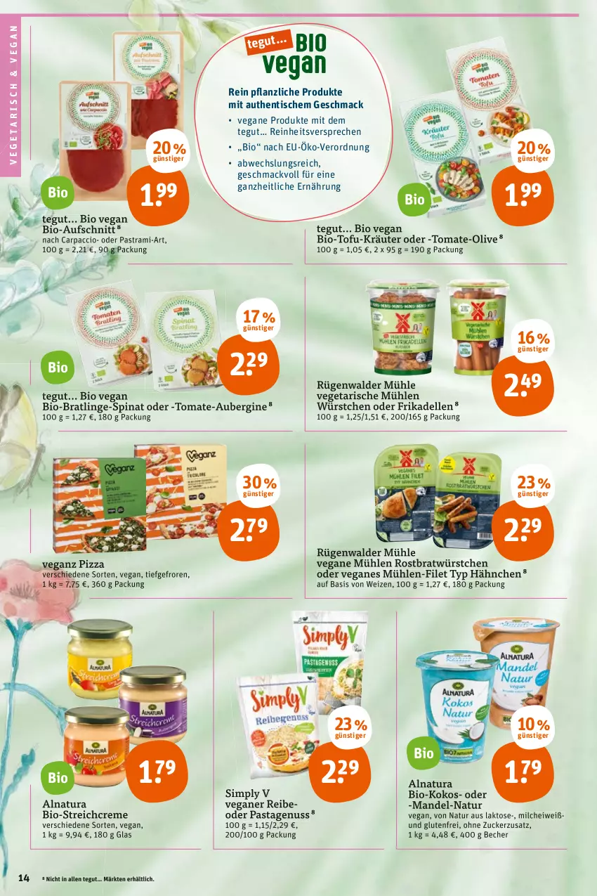 Aktueller Prospekt Tegut - Angebote der Woche - von 11.04 bis 16.04.2022 - strona 16 - produkty: ACC, Astra, aubergine, aufschnitt, Becher, bio, Carpaccio, creme, dell, elle, filet, frikadellen, gin, kokos, kräuter, mac, mandel, milch, natur, natura, nuss, olive, pasta, pastrami, pizza, rügenwalder, rügenwalder mühle, sim, spinat, Ti, tisch, Tofu, tomate, Vegeta, würstchen, zucker