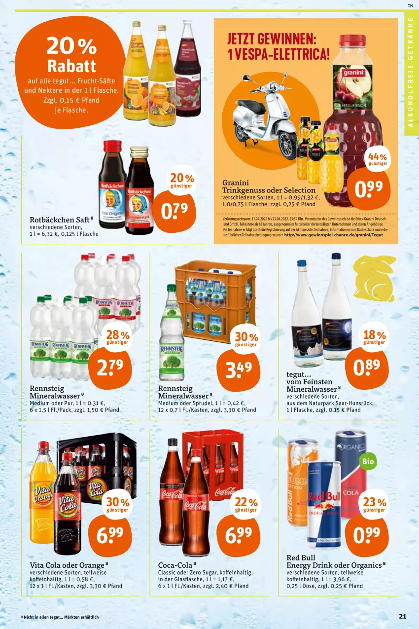 Aktueller Prospekt Tegut - Angebote der Woche - von 11.04 bis 16.04.2022 - strona 23 - produkty: alkohol, alkoholfreie getränke, Alwa, bio, coca-cola, cola, drink, eis, energy drink, flasche, frucht, getränk, getränke, gewinnspiel, glasflasche, granini, LG, mineralwasser, natur, Nektar, nuss, orange, red bull, saft, säfte, Sprudel, Ti, uhr, vita, Vita C, wasser