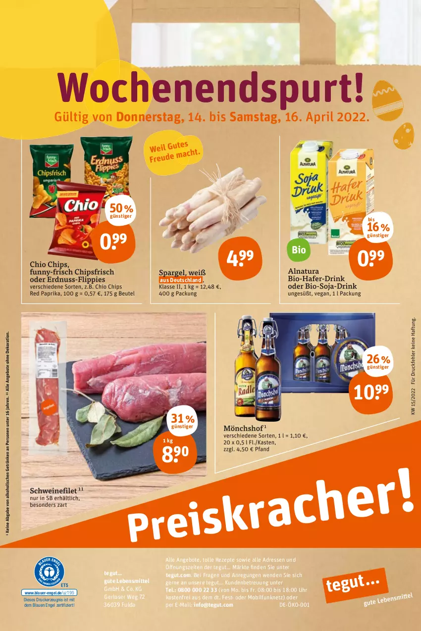 Aktueller Prospekt Tegut - Angebote der Woche - von 11.04 bis 16.04.2022 - strona 26 - produkty: alkohol, angebot, angebote, auer, beutel, bio, chio chips, chips, chipsfrisch, dekoration, drink, drucker, Engel, erdnuss, filet, flippies, Fulda, funny-frisch, getränk, getränke, hafer, kerze, lebensmittel, mönchshof, natur, natura, nuss, paprika, pril, rezept, rezepte, schwein, schweine, schweinefilet, soja, spargel, Ti, uhr, wein, weine