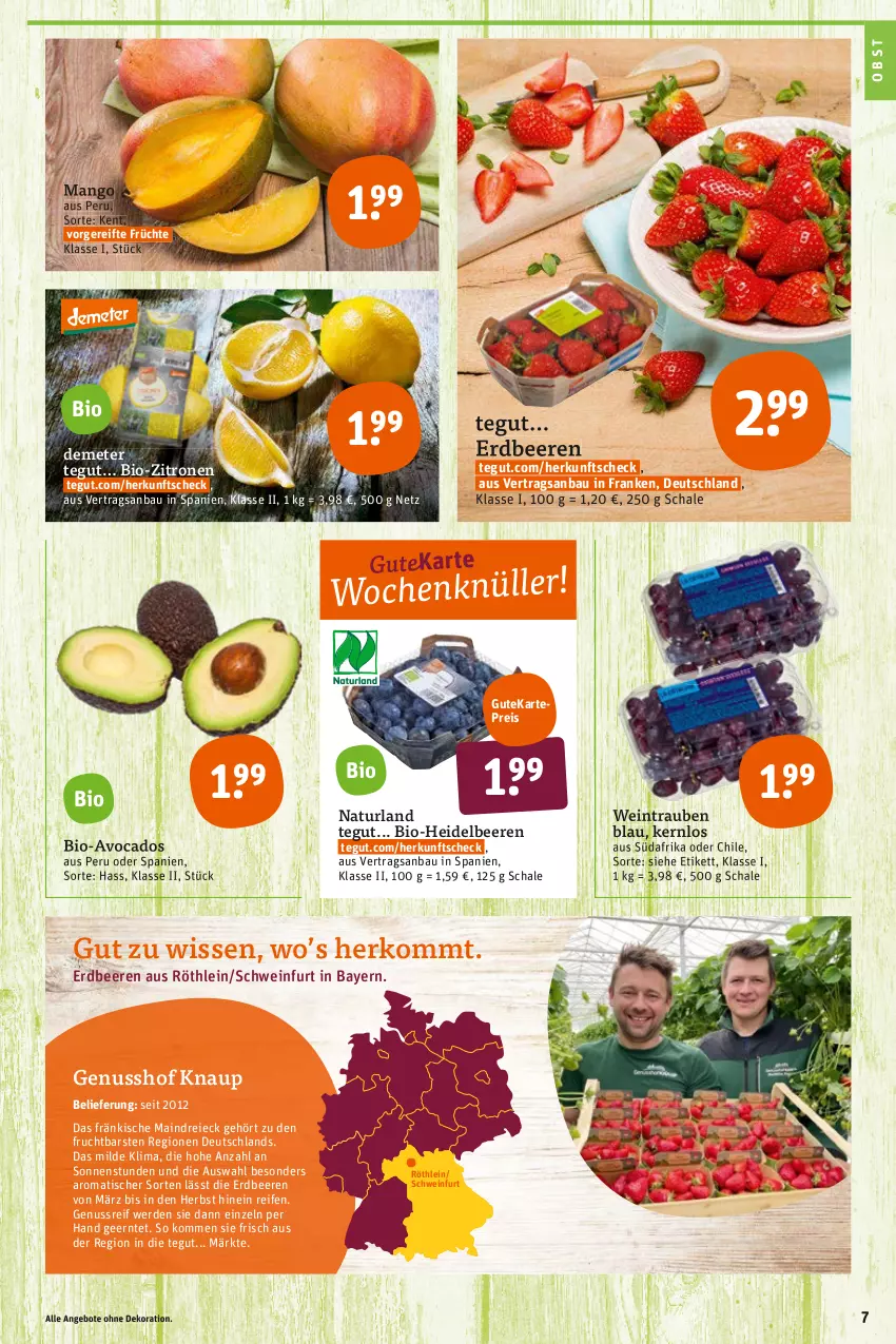 Aktueller Prospekt Tegut - Angebote der Woche - von 11.04 bis 16.04.2022 - strona 9 - produkty: angebot, angebote, avocado, avocados, Bau, beere, beeren, bio, bio-zitronen, dekoration, eis, erdbeere, erdbeeren, erde, frucht, früchte, heidelbeere, heidelbeeren, mango, natur, naturland, nuss, obst, reifen, reis, Schal, Schale, schwein, Ti, tisch, trauben, wein, zitrone, zitronen