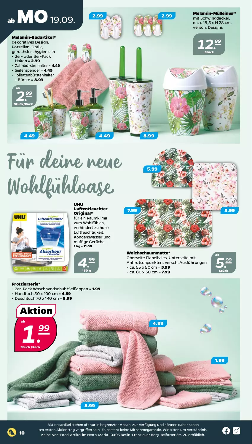 Aktueller Prospekt Netto - Woche 38 - von 19.09 bis 24.09.2022 - strona 10 - produkty: auer, Bad, bürste, bürsten, decke, Deckel, duschtuch, eimer, gin, handtuch, HP, leimer, Luftentfeuchter, Seife, seifenspender, Ti, tuc, uhu, Uhu Luftentfeuchter, waschhandschuh, wasser, zahnbürste, zahnbürsten, ZTE