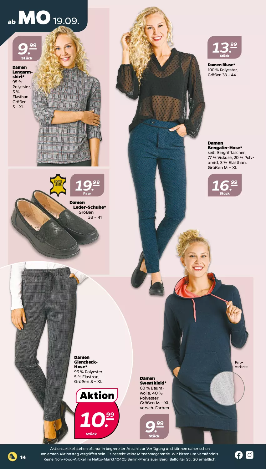 Aktueller Prospekt Netto - Woche 38 - von 19.09 bis 24.09.2022 - strona 14 - produkty: auer, Bau, baumwolle, Bengalin, bluse, hose, kleid, Langarmshirt, Ria, schuhe, shirt, Sweatkleid, Tasche, taschen, Ti, wolle, ZTE