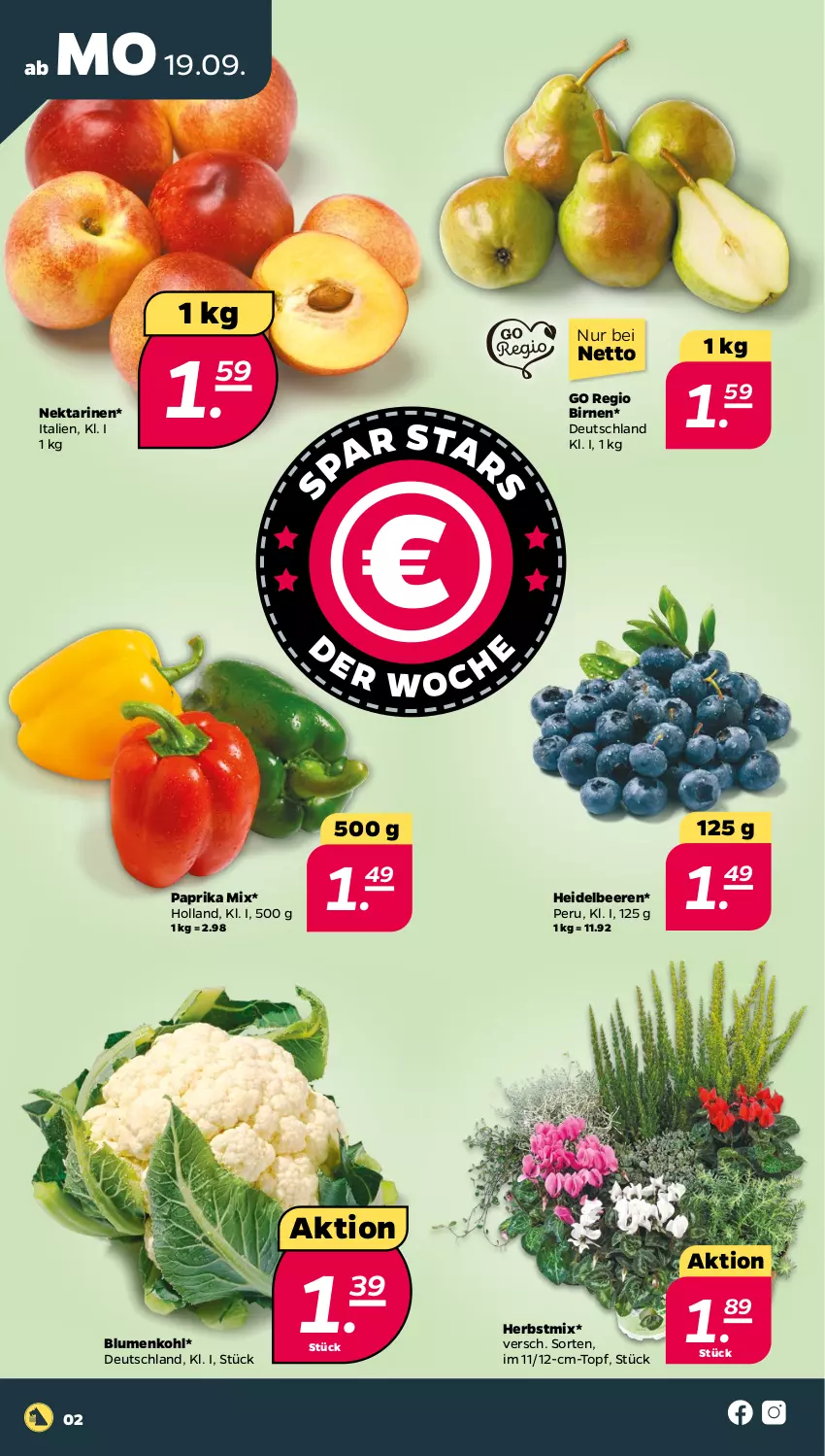 Aktueller Prospekt Netto - Woche 38 - von 19.09 bis 24.09.2022 - strona 2 - produkty: beere, beeren, Birnen, blume, blumen, blumenkohl, heidelbeere, heidelbeeren, Nektar, nektarinen, paprika, paprika mix, Ti, topf