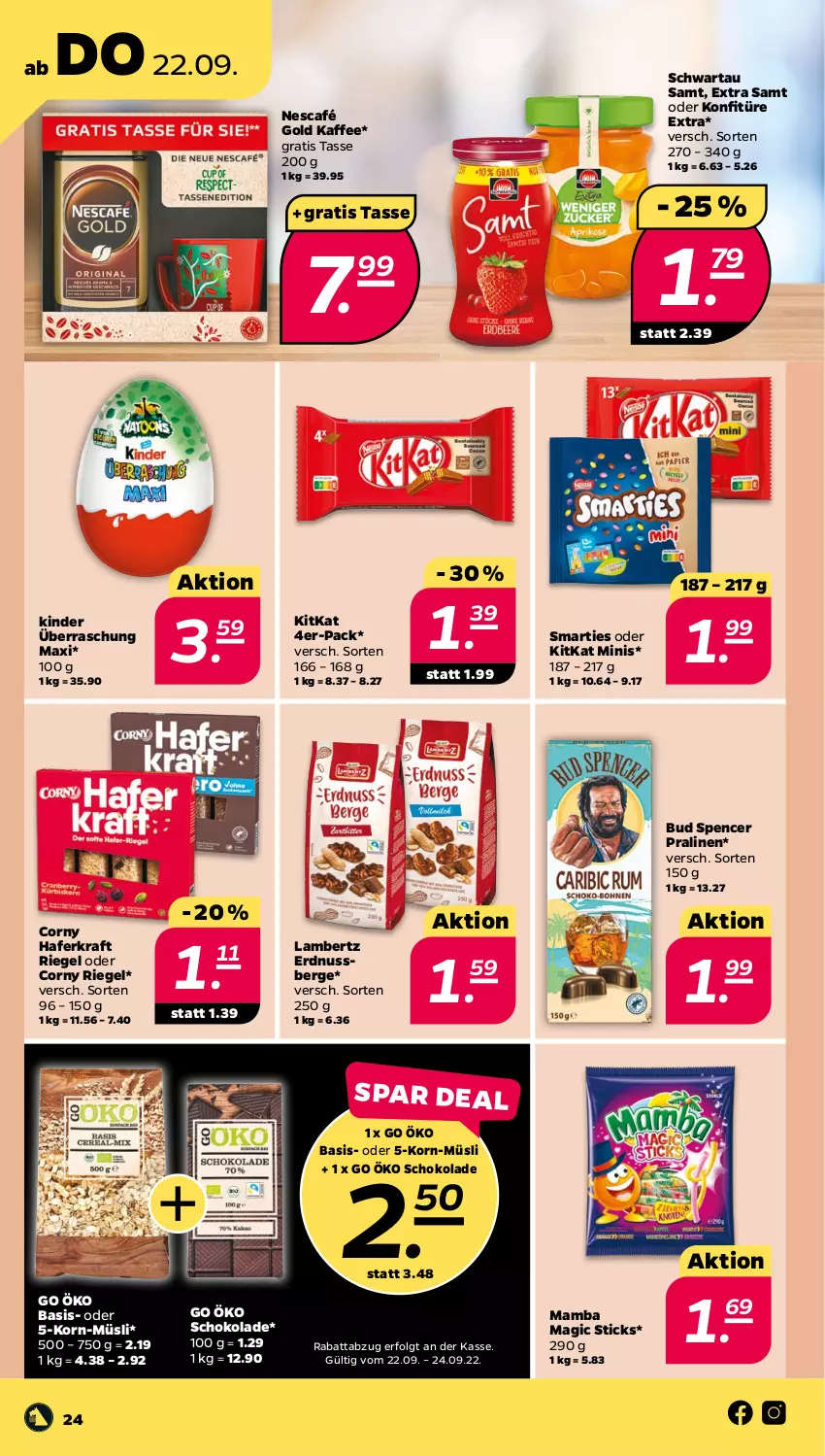 Aktueller Prospekt Netto - Woche 38 - von 19.09 bis 24.09.2022 - strona 24 - produkty: Amber, corny, erdnuss, hafer, kaffee, Kinder, kitkat, konfitüre, konfitüre extra, korn, kraft, lambertz, LG, mam, müsli, Nescafé, nescafé gold, nuss, pralinen, riegel, schoko, schokolade, Schwartau, smarties, tasse, Ti