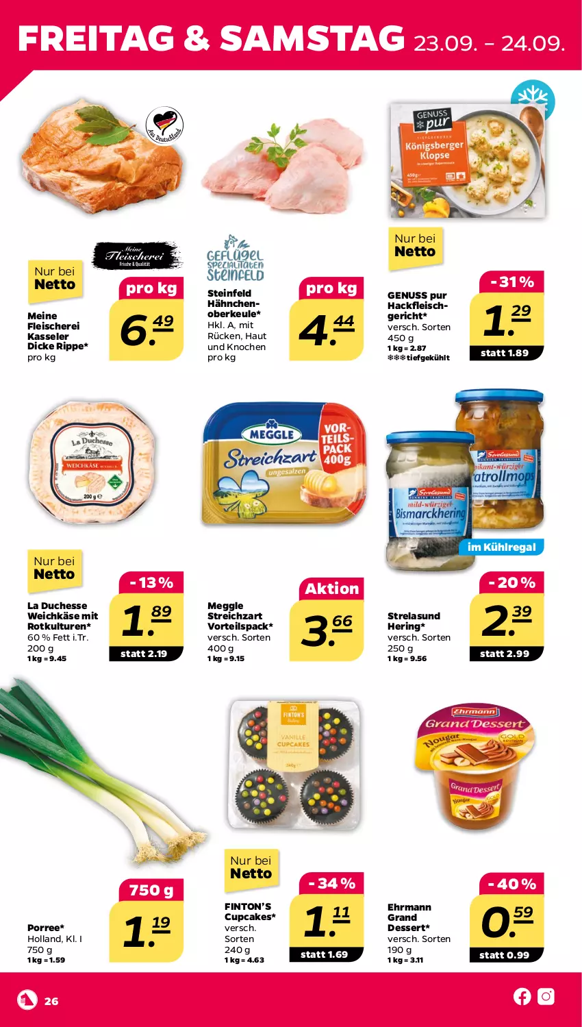 Aktueller Prospekt Netto - Woche 38 - von 19.09 bis 24.09.2022 - strona 26 - produkty: dessert, ehrmann, Ehrmann Grand Dessert, eis, fleisch, Fleischerei, hackfleisch, hering, Käse, kasseler, kühlregal, meggle, nuss, regal, rel, ring, Schere, Streichzart, Ti, weichkäse