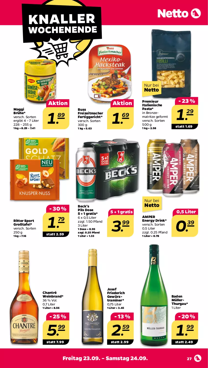 Aktueller Prospekt Netto - Woche 38 - von 19.09 bis 24.09.2022 - strona 27 - produkty: Bad, Brühe, chantré, drink, energy drink, fertiggericht, gewürz, italienische pasta, mac, maggi, Müller, pasta, pils, ritter, ritter sport, Sport, Ti, wein, weinbrand