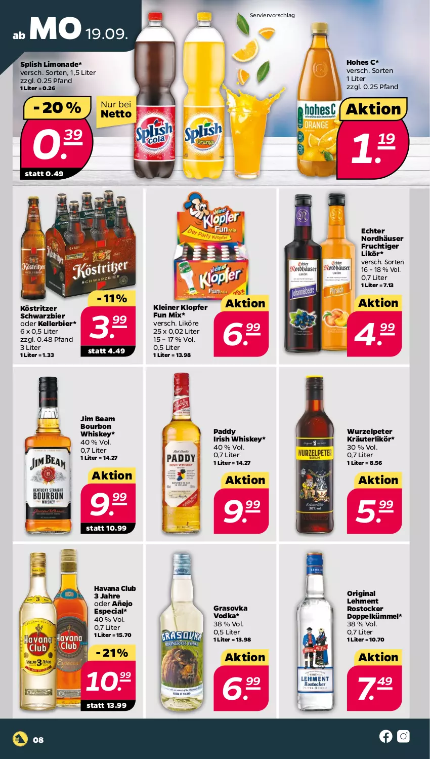 Aktueller Prospekt Netto - Woche 38 - von 19.09 bis 24.09.2022 - strona 8 - produkty: bier, bourbon, bourbon whiskey, elle, frucht, gin, Havana Club, Hohes C, irish whiskey, jim beam, kellerbier, kleiner klopfer, köstritzer, kräuter, kräuterlikör, leine, likör, limo, limonade, Rostocker, Ti, vodka, whiskey