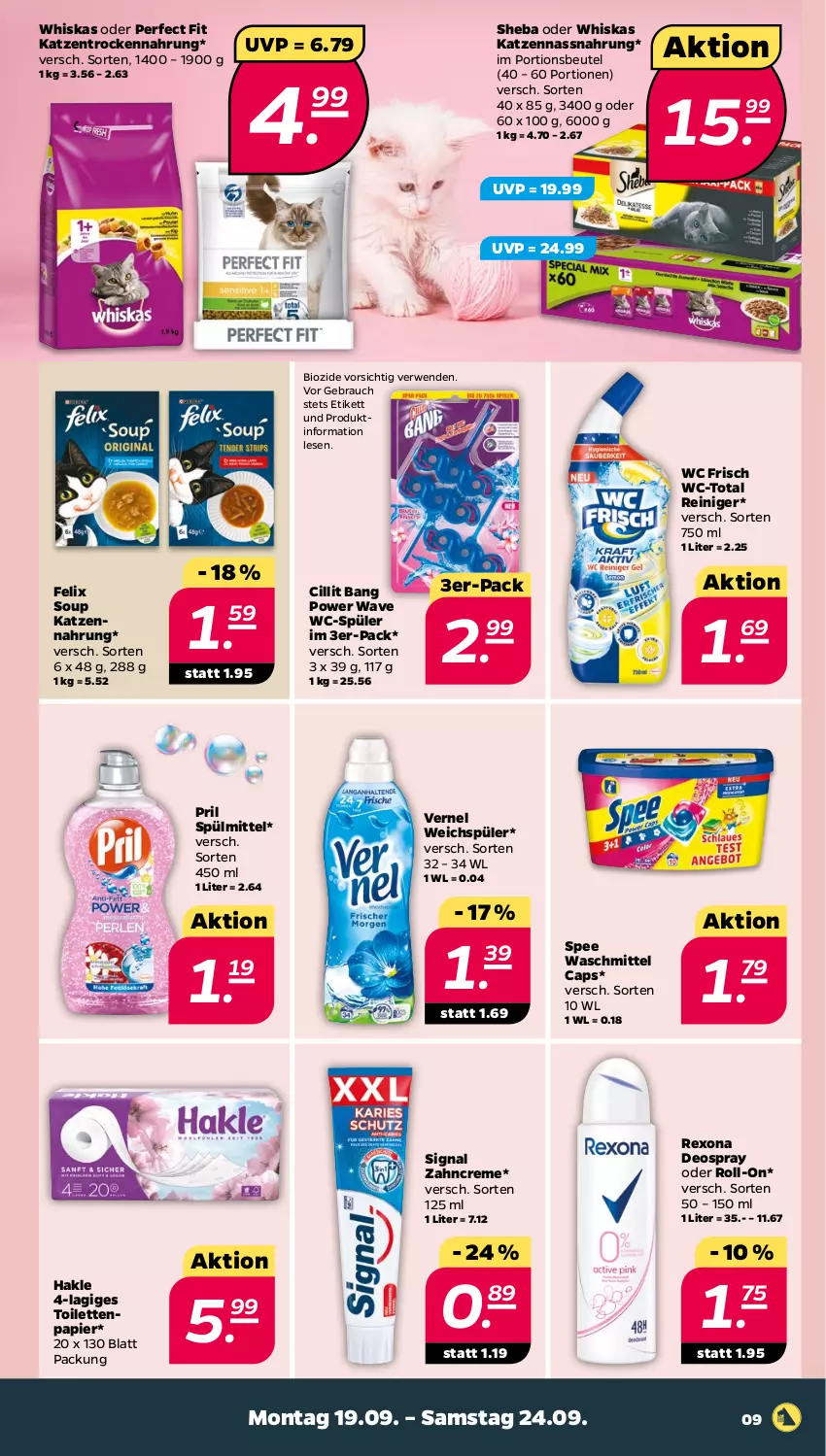 Aktueller Prospekt Netto - Woche 38 - von 19.09 bis 24.09.2022 - strona 9 - produkty: beutel, bio, Cap, Cillit, cillit bang, creme, deo, deospray, felix, hakle, katzennahrung, Nassnahrung, papier, Perfect Fit, portionsbeutel, pril, Rauch, reiniger, rexona, roll-on, rwe, sheba, Signal, spee, spülmittel, Ti, toilettenpapier, Trockennahrung, vernel, waschmittel, wc frisch, weichspüler, whiskas, zahncreme