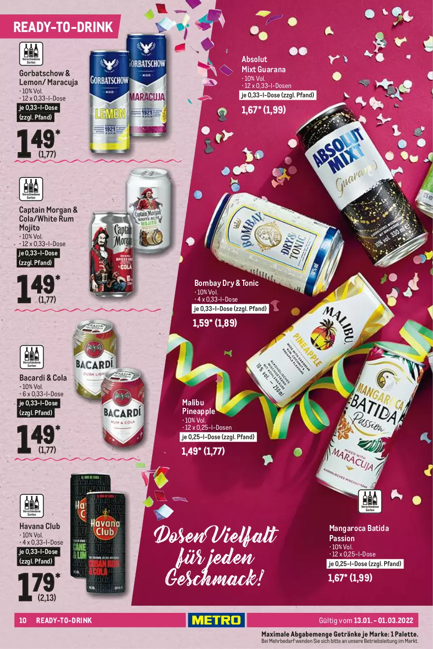 Aktueller Prospekt Metro - Karneval Spezial - von 13.01 bis 01.03.2022 - strona 10 - produkty: Apple, bacardi, batida, Cap, captain morgan, cola, drink, getränk, getränke, Gorbatschow, Havana Club, mac, Malibu, mangaroca, maracuja, mojito, Palette, Rana, rum, Ti, tonic, white rum