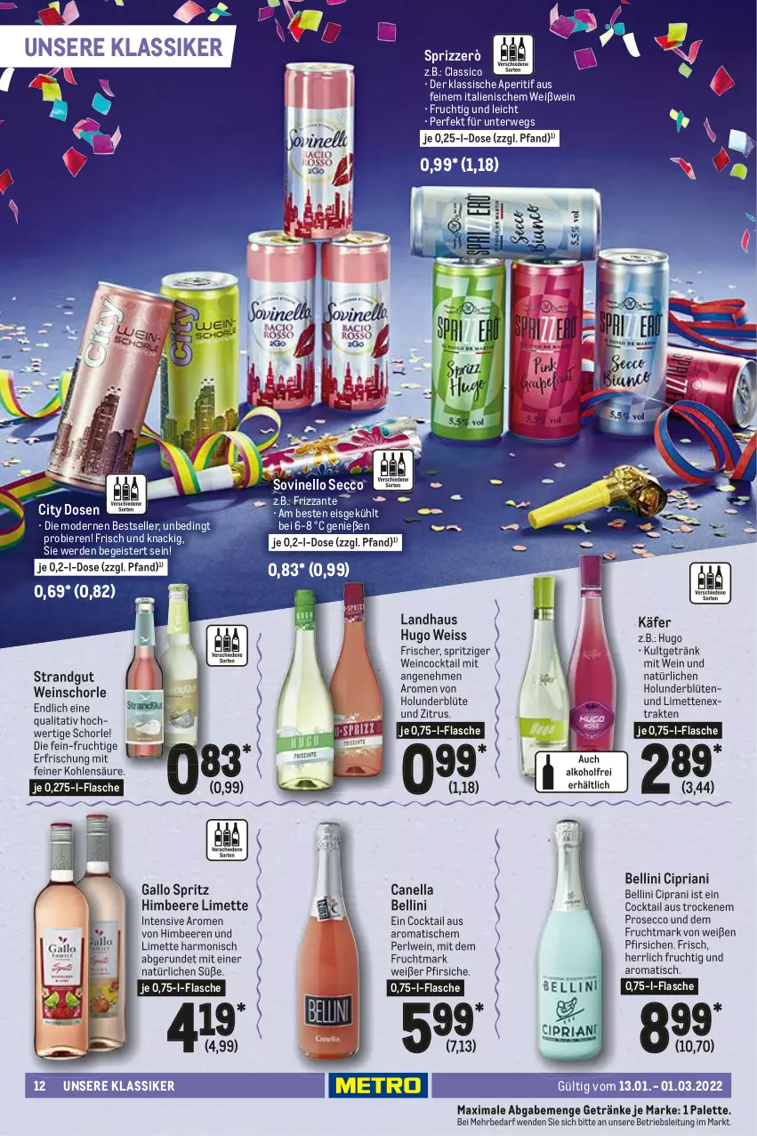 Aktueller Prospekt Metro - Karneval Spezial - von 13.01 bis 01.03.2022 - strona 12 - produkty: aperitif, beere, beeren, bier, Biere, Blüte, classico, cocktail, ecco, eis, elle, erde, flasche, frizzante, frucht, Fruchtmark, gallo, getränk, getränke, himbeer, himbeere, himbeeren, holunder, holunderblüte, hugo, käfer, limette, limetten, Mett, metten, Mode, Palette, pfirsich, pfirsiche, prosecco, Ria, rwe, schorle, Sprizz, Ti, tisch, wein, weinschorle, Weißwein