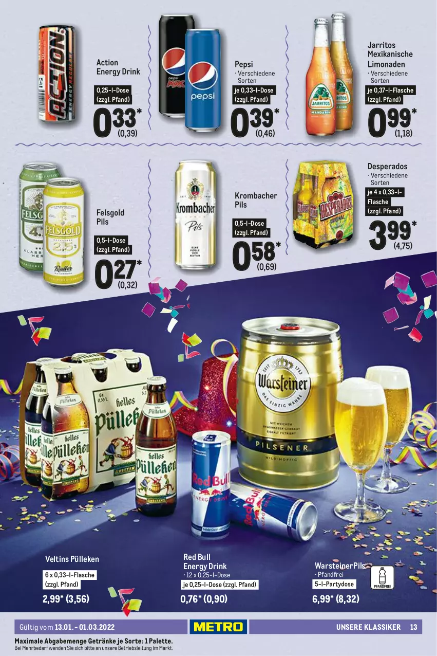 Aktueller Prospekt Metro - Karneval Spezial - von 13.01 bis 01.03.2022 - strona 13 - produkty: desperados, drink, energy drink, flasche, getränk, getränke, krombache, krombacher, krombacher pils, limo, limonade, limonaden, Palette, pepsi, pils, red bull, steiner, Ti, veltins, warsteiner