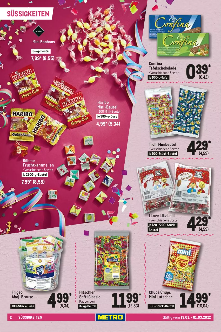 Aktueller Prospekt Metro - Karneval Spezial - von 13.01 bis 01.03.2022 - strona 2 - produkty: ahoj-brause, beutel, bonbons, brause, chupa, chupa chups, elle, frucht, haribo, hitschler, karamell, Lutscher, schoko, schokolade, tafelschokolade, Ti, trolli