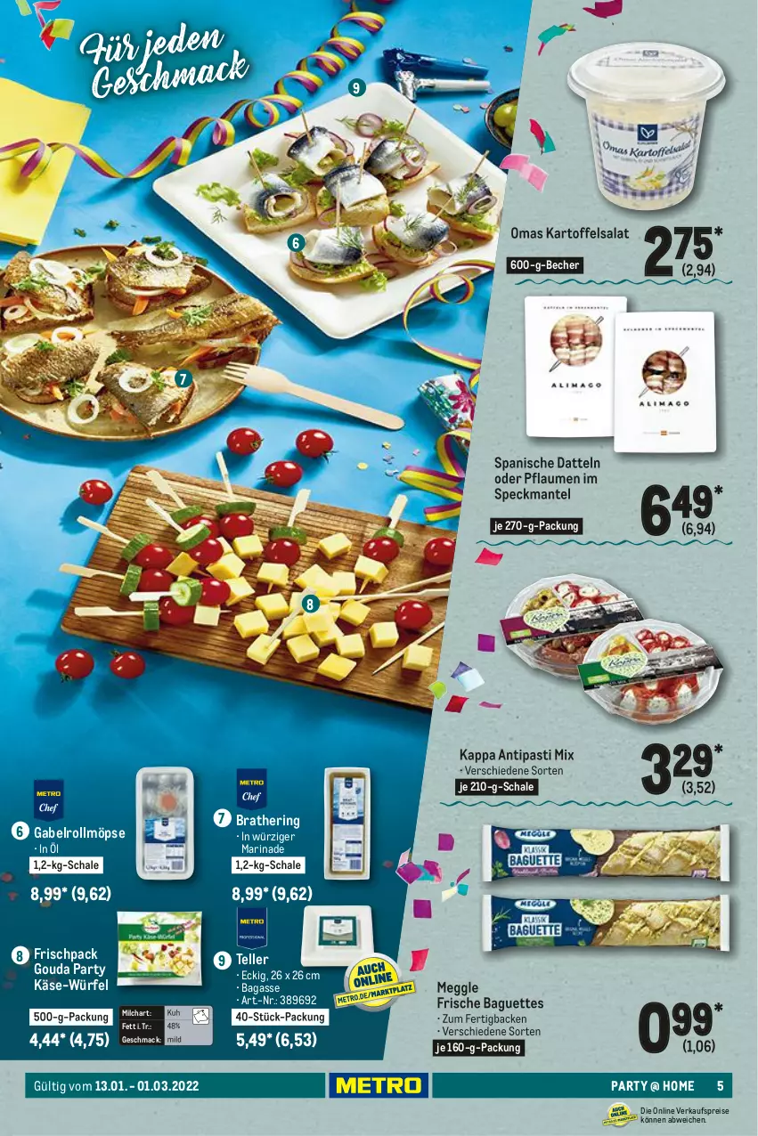 Aktueller Prospekt Metro - Karneval Spezial - von 13.01 bis 01.03.2022 - strona 5 - produkty: antipasti, asti, baguette, baguettes, Becher, Datteln, eis, elle, gabel, gouda, hering, HP, kappa, kartoffel, kartoffelsalat, Käse, mac, Mantel, marinade, meggle, milch, pflaume, pflaumen, reis, ring, salat, Schal, Schale, Speck, teller, Ti, würfel