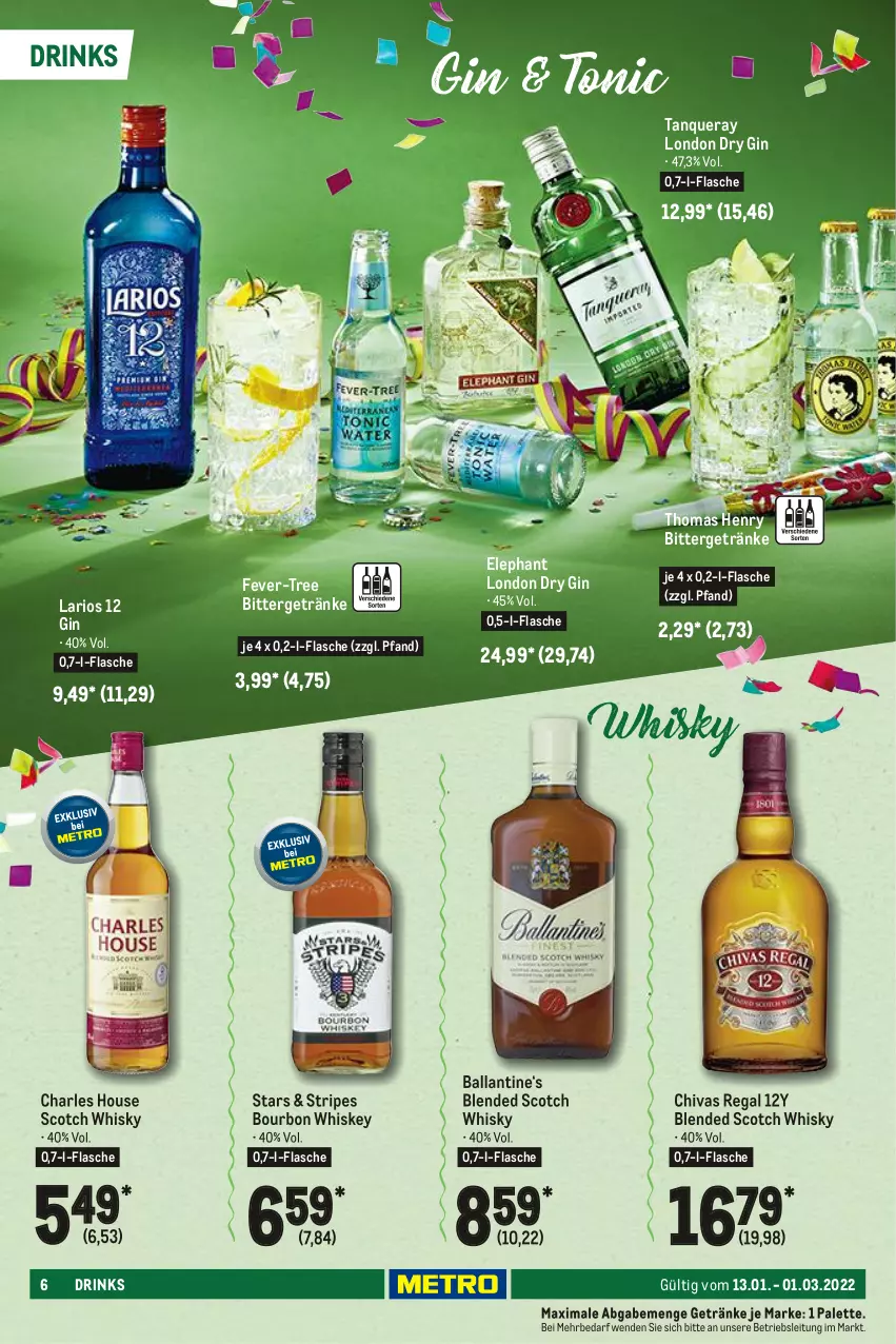 Aktueller Prospekt Metro - Karneval Spezial - von 13.01 bis 01.03.2022 - strona 6 - produkty: ball, blended scotch, blended scotch whisky, bourbon, bourbon whiskey, drink, drinks, dry gin, fever-tree, flasche, getränk, getränke, gin, london dry, london dry gin, Palette, regal, scotch, scotch whisky, Tanqueray, thomas henry, Ti, tonic, whiskey, whisky