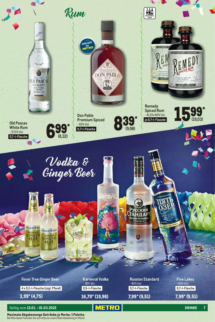 Aktueller Prospekt Metro - Karneval Spezial - von 13.01 bis 01.03.2022 - strona 7 - produkty: drink, drinks, flasche, getränk, getränke, gin, ginger, Palette, rum, russian standard, Ti, vodka, white rum