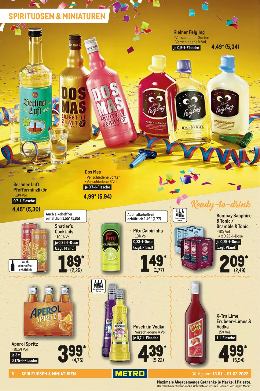 Aktueller Prospekt Metro - Karneval Spezial - von 13.01 bis 01.03.2022 - strona 8 - produkty: alkohol, aperol, berliner, berliner luft, bombay sapphire, caipirinha, cocktail, cocktails, Dos Mas, drink, flasche, getränk, getränke, kleiner feigling, leine, likör, Palette, pfeffer, pfefferminzlikör, puschkin vodka, sapphire, spirituosen, Ti, tonic, vodka