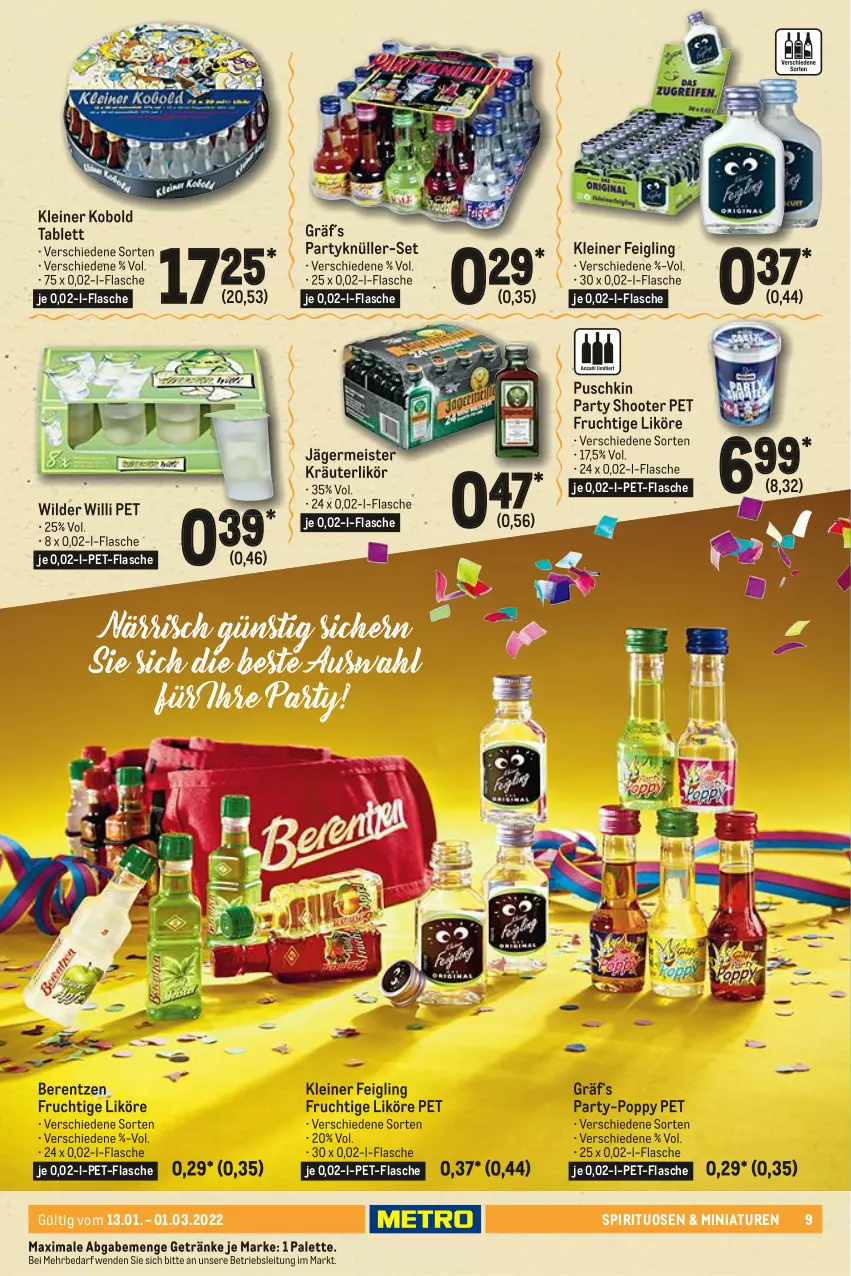 Aktueller Prospekt Metro - Karneval Spezial - von 13.01 bis 01.03.2022 - strona 9 - produkty: berentzen, eis, flasche, frucht, Germ, getränk, getränke, jägermeister, kleiner feigling, kräuter, kräuterlikör, leine, likör, Meister, Palette, pet-flasche, Popp, spirituosen, tablet, tablett, Ti, Wild