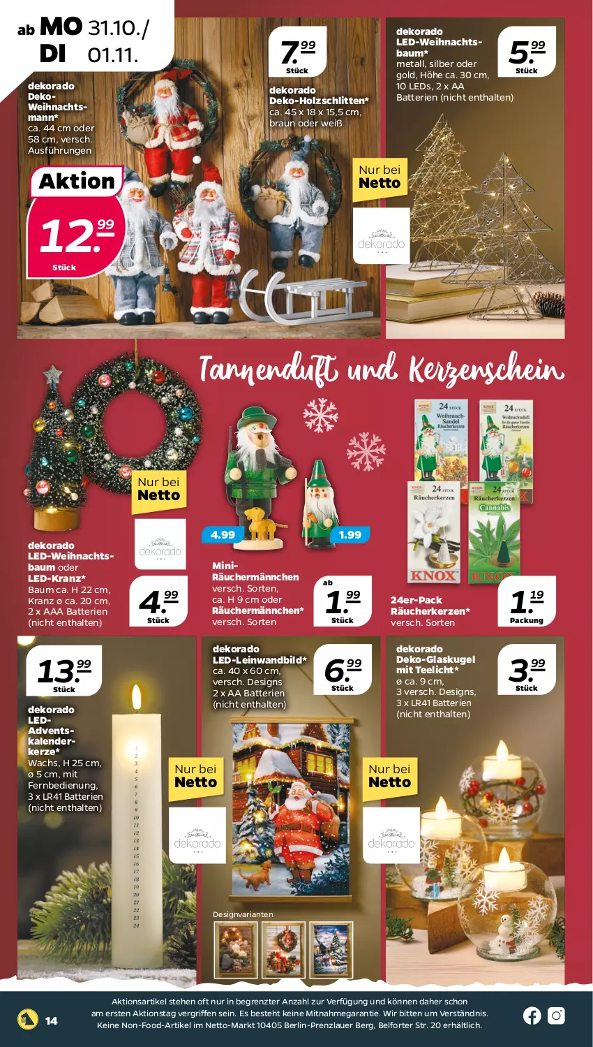 Aktueller Prospekt Netto - Woche 44 - von 31.10 bis 05.11.2022 - strona 14 - produkty: Adventskalender, auer, batterie, batterien, Bau, braun, fernbedienung, Glaskugel, Holz, kerze, Kranz, Kugel, leds, mit fernbedienung, Ria, Schlitten, tee, Teelicht, Ti, Weihnachtsbaum, ZTE