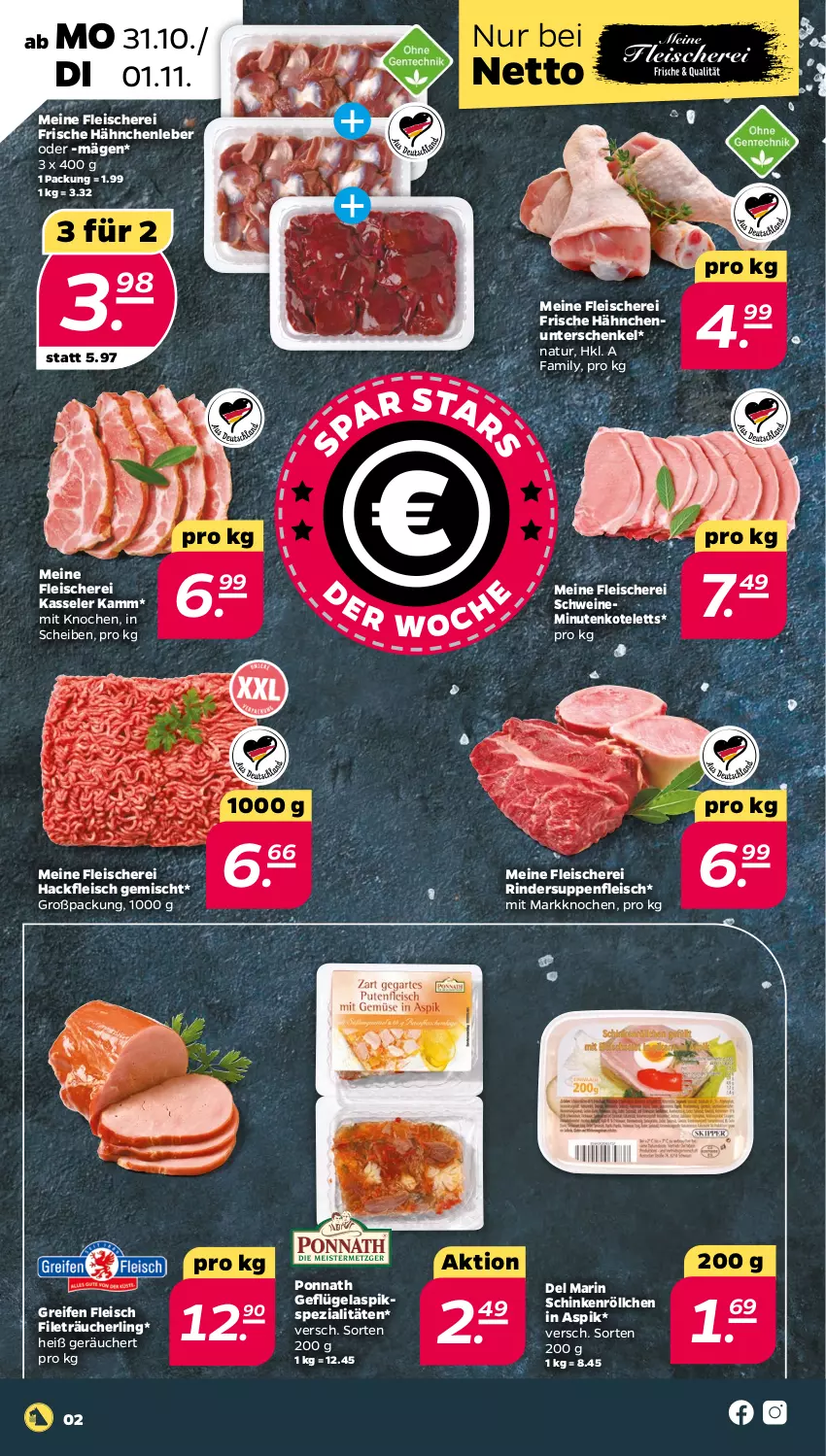 Aktueller Prospekt Netto - Woche 44 - von 31.10 bis 05.11.2022 - strona 2 - produkty: eis, filet, Fileträucherling, fleisch, Fleischerei, Frische Hähnchen, Geflügel, hackfleisch, hackfleisch gemischt, henkel, kasseler, kotelett, natur, ponnath, Räucherling, reifen, rind, rinder, schenkel, Schere, schinken, schwein, schweine, Spezi, suppe, suppen, suppenfleisch, Ti, wein, weine