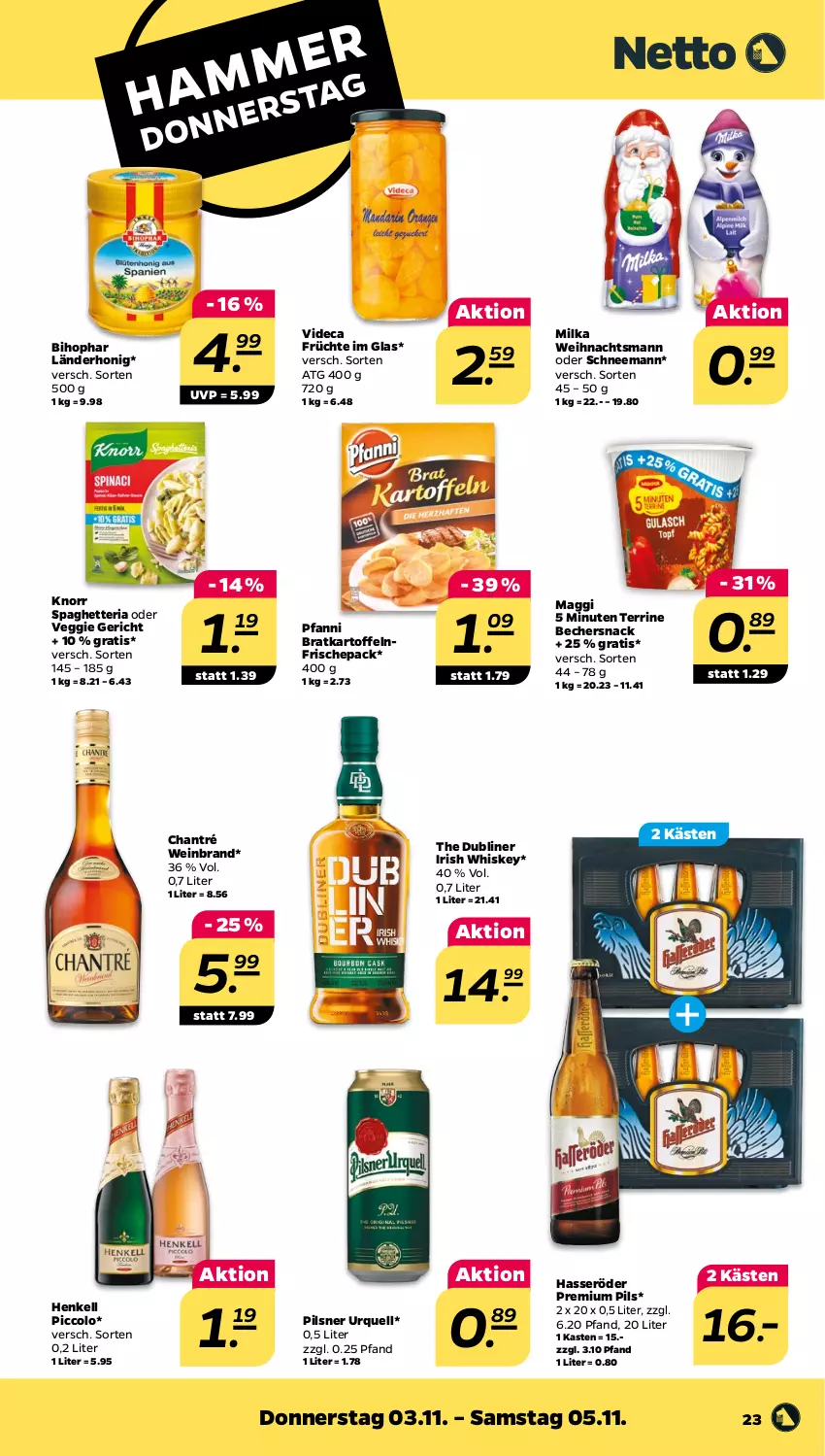 Aktueller Prospekt Netto - Woche 44 - von 31.10 bis 05.11.2022 - strona 23 - produkty: Becher, bihophar, chantré, früchte, hasseröder, henkel, henkell, honig, irish whiskey, kartoffel, kartoffeln, knorr, maggi, milka, pfanni, pils, pilsner, pilsner urquell, premium pils, Ria, snack, terrine, Ti, veggie, wein, weinbrand, whiskey