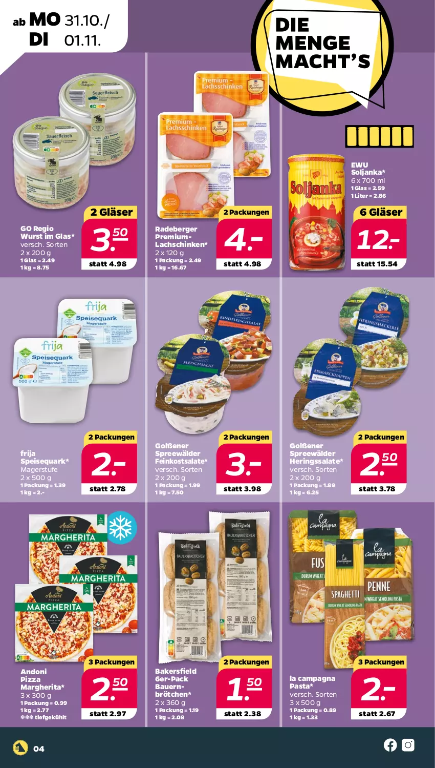 Aktueller Prospekt Netto - Woche 44 - von 31.10 bis 05.11.2022 - strona 4 - produkty: auer, Bau, Bauer, Berger, brötchen, eis, feinkost, feinkostsalate, Gläser, hering, Herings, lachs, margherita, pasta, pizza, quark, radeberger, ring, salat, salate, schinken, speisequark, spreewälder, Ti, wurst