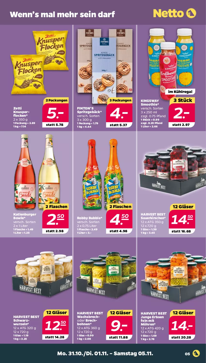 Aktueller Prospekt Netto - Woche 44 - von 31.10 bis 05.11.2022 - strona 5 - produkty: auer, bohne, bohnen, bowle, burger, erbsen, flasche, Gläser, gsw, junge erbsen, katlenburger, kirsch, kirsche, kirschen, Knusperflocken, kühlregal, möhren, regal, robby, sauerkirschen, smoothie, Spritzgebäck, Ti