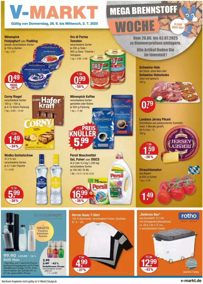 Aktueller Prospekt Vmarkt - Prospekte - von 26.06 bis 02.07.2025 - strona 1 - produkty: angebot, angebote, Becher, bohne, corny, edelstahl, eis, ente, flasche, gewürz, Gorbatschow, kaffee, Käse, LG, milch, mövenpick, mövenpick kaffee, natur, persil, persil waschmittel, Rauch, reis, riegel, Schal, Schale, schnittkäse, schwein, schweine, sirup, Soda, sodastream, steak, steaks, strauchtomaten, Ti, tomate, tomaten, waschmittel, wein, weine, wodka