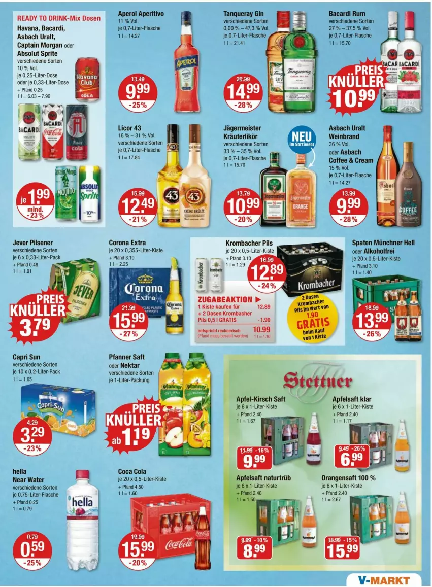 Aktueller Prospekt Vmarkt - Prospekte - von 26.06 bis 02.07.2025 - strona 11 - produkty: alkohol, apfel, apfelsaft, asbach uralt, bacardi, bacardi rum, Cap, captain morgan, cola, corona, corona extra, drink, eis, erde, flasche, Germ, gin, hella, jägermeister, jever, jever pilsener, kirsch, kräuter, kräuterlikör, krombache, krombacher, krombacher pils, licor, licor 43, likör, Meister, natur, Nektar, orange, orangen, orangensaft, pfanne, Pfanner, pils, pilsener, rum, saft, Spaten, sprite, Tanqueray, Ti, wein, weinbrand