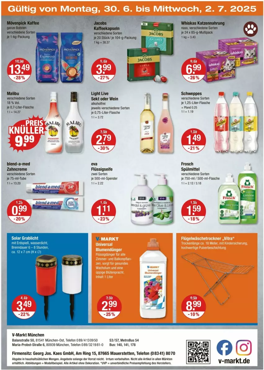 Aktueller Prospekt Vmarkt - Prospekte - von 26.06 bis 02.07.2025 - strona 24 - produkty: alkohol, alle artikel ohne dekoration, angebot, angebote, auer, blend-a-med, creme, dekoration, dell, eis, elle, flasche, flüssigseife, Frosch, jacobs, kaes, kaffee, kaffeekapseln, katzennahrung, Malibu, Metro, Mode, obst, reis, Ria, ring, schweppes, Seife, sekt, spülmittel, telefon, teller, Ti, wein, whiskas, zahncreme