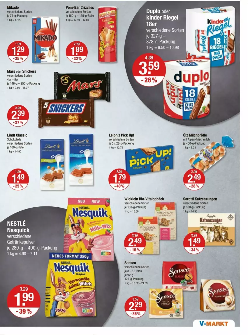 Aktueller Prospekt Vmarkt - Prospekte - von 26.06 bis 02.07.2025 - strona 9 - produkty: bio, Kinder, kinder riegel, leibniz, LG, lindt, mars, mikado, milch, Nesquick, Pick Up!, pom-bär, riegel, saro, sarotti, schoko, schokolade, senseo, snickers, Ti, vita, WICK
