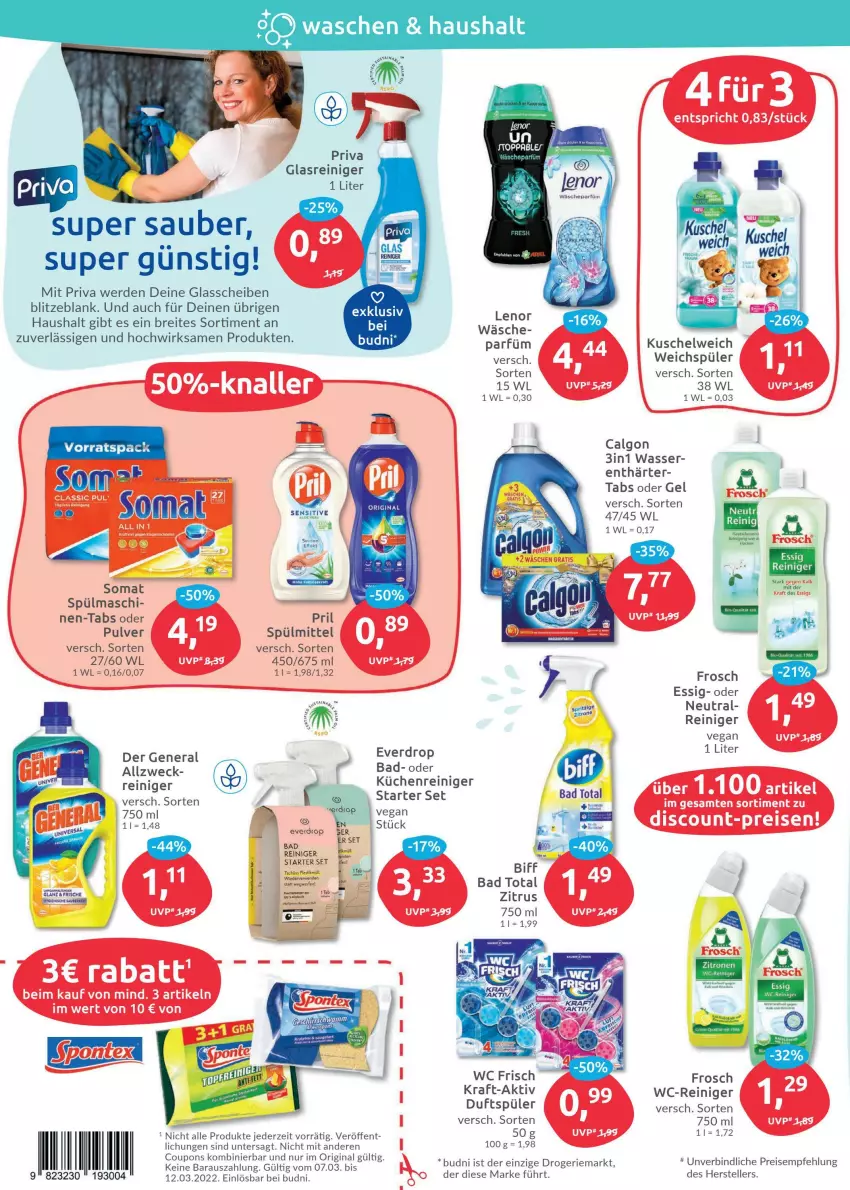 Aktueller Prospekt Budni - Prospekte - von 07.03 bis 12.03.2022 - strona 4 - produkty: Bad, biff, Brei, calgon, coupon, coupons, discount, eis, elle, erde, essig, Frosch, gin, Glasreiniger, kraft, küche, Küchen, Kuschelweich, LG, pril, reiniger, reis, spülmittel, teller, Ti, wasser, wc frisch, wc-reiniger, weck, weichspüler