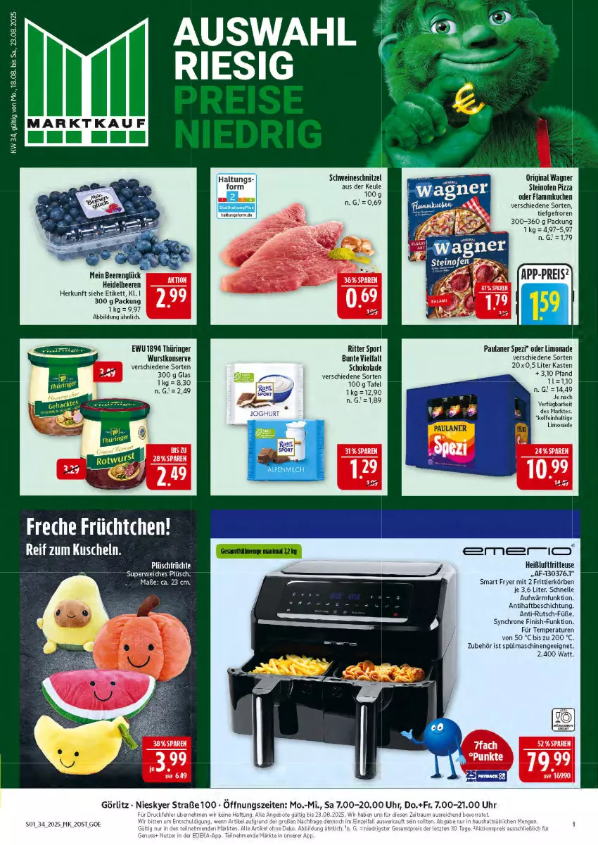 Aktueller Prospekt Marktkauf - Prospekt - von 17.08 bis 23.08.2025 - strona 1 - produkty: beere, beeren, cin, eis, elle, Finish, flammkuchen, fritteuse, gin, heidelbeere, heidelbeeren, Heißluftfritteuse, kuchen, lamm, limo, limonade, Ofen, original wagner, Paula, paulaner, pizza, reis, ring, ritter, ritter sport, schnitzel, schoko, schokolade, schwein, schweine, schweineschnitzel, Spezi, Sport, spülmaschinen, steinofen, steinofen pizza, tee, Ti, uhr, wagner, wein, weine, wurst