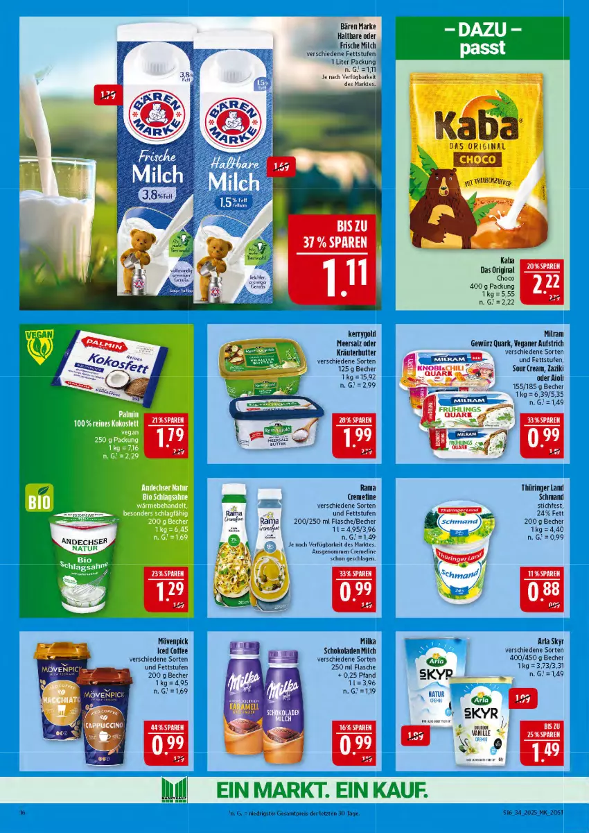 Aktueller Prospekt Marktkauf - Prospekt - von 17.08 bis 23.08.2025 - strona 16 - produkty: aioli, arla, arla skyr, aufstrich, Becher, creme, eis, elle, flasche, frische milch, gewürz, gin, kerrygold, kräuter, meersalz, milch, milka, milka schokolade, milram, mövenpick, nuss, oder kräuter, quark, rama, reis, ring, salz, schmand, schoko, schokolade, schokoladen, Skyr, sour cream, Ti, zaziki, ZTE