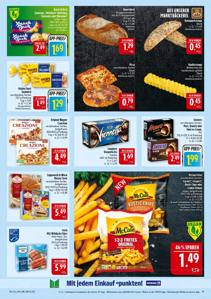 Aktueller Prospekt Marktkauf - Prospekt - von 17.08 bis 23.08.2025 - strona 19 - produkty: aktionspreis, blätterteig, bounty, brot, coppenrath, deka, eis, elle, ente, filet, filets, gin, Golden Longs, golden toast, lachs, langnese, mars, mccain, mehl, Meister, Meister Torte, nuss, oder twix, original wagner, pizza, reis, sandwich, snickers, tee, Ti, toast, torte, twix, vanille, Vanillestange, viennetta, wagner, Wild, wildlachs, ZTE