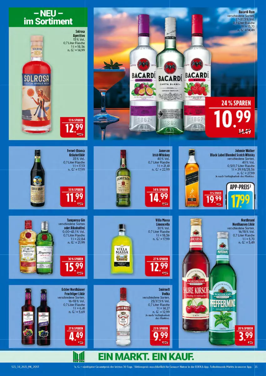 Aktueller Prospekt Marktkauf - Prospekt - von 17.08 bis 23.08.2025 - strona 25 - produkty: alkohol, bacardi, bacardi rum, black label, blended scotch, blended scotch whisky, eis, erde, Fernet, flasche, frucht, gin, irish whiskey, jameson, johnnie walker, kräuter, kräuterlikör, lack, likör, limo, reis, rum, scotch, scotch whisky, smirnoff, Tanqueray, Ti, vodka, whiskey, whisky, white rum