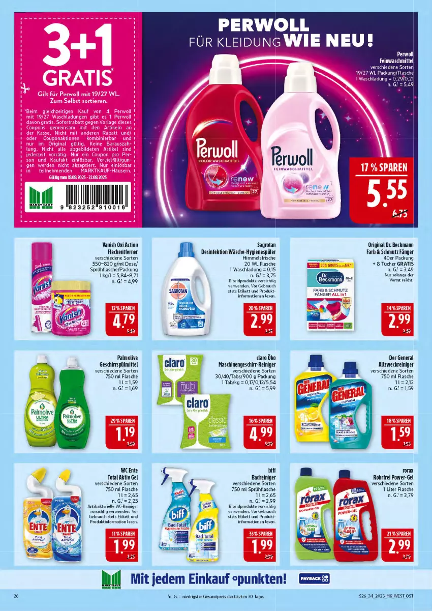 Aktueller Prospekt Marktkauf - Prospekt - von 17.08 bis 23.08.2025 - strona 26 - produkty: aktiv gel, allzweckreiniger, Bad, biff, bio, biozidprodukte, Desinfektion, Dr. Beckmann, eis, elle, ente, feinwaschmittel, flasche, geschirr, geschirrspülmittel, gin, hygienespüler, kleid, olive, oxi action, palmolive, perwoll, power-gel, Rauch, reiniger, reis, rwe, sagrotan, sprühflasche, spülmittel, Ti, tücher, vanish, vanish oxi action, waschmittel, wc ente, wc-reiniger, weck, ZTE