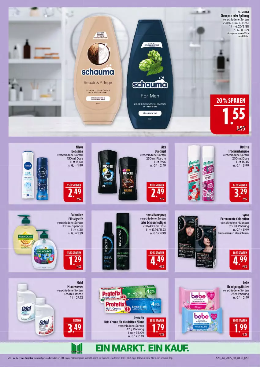 Aktueller Prospekt Marktkauf - Prospekt - von 17.08 bis 23.08.2025 - strona 28 - produkty: aktionspreis, axe, axe duschgel, creme, deka, deo, deospray, duschgel, eis, ente, flasche, flüssigseife, haarspray, kokos, mundwasser, nivea, Nuance, nuss, Odol, olive, palmolive, Reinigung, reinigungstücher, reis, schauma, schauma shampoo, schaumfestiger, Seife, shampoo, shampoo oder spülung, spülung, syoss, tee, Ti, Trockenshampoo, tücher, wasser, Yo, ZTE