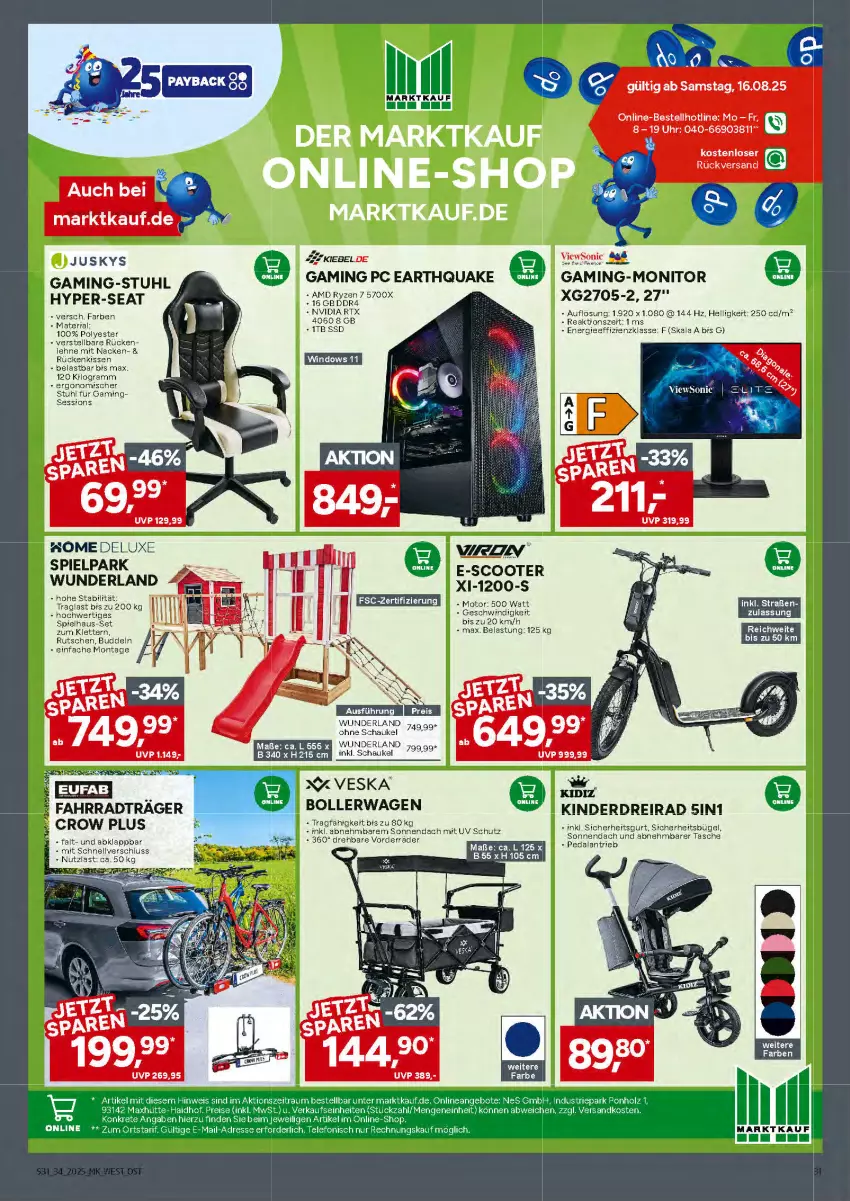 Aktueller Prospekt Marktkauf - Prospekt - von 17.08 bis 23.08.2025 - strona 31 - produkty: bollerwagen, Dreirad, Fahrrad, Gaming PC, Kinder, kissen, LG, monitor, nvidia, payback, Ria, rtx, Rückenkissen, Schaukel, scooter, ssd, stuhl, tee, Ti, uhr