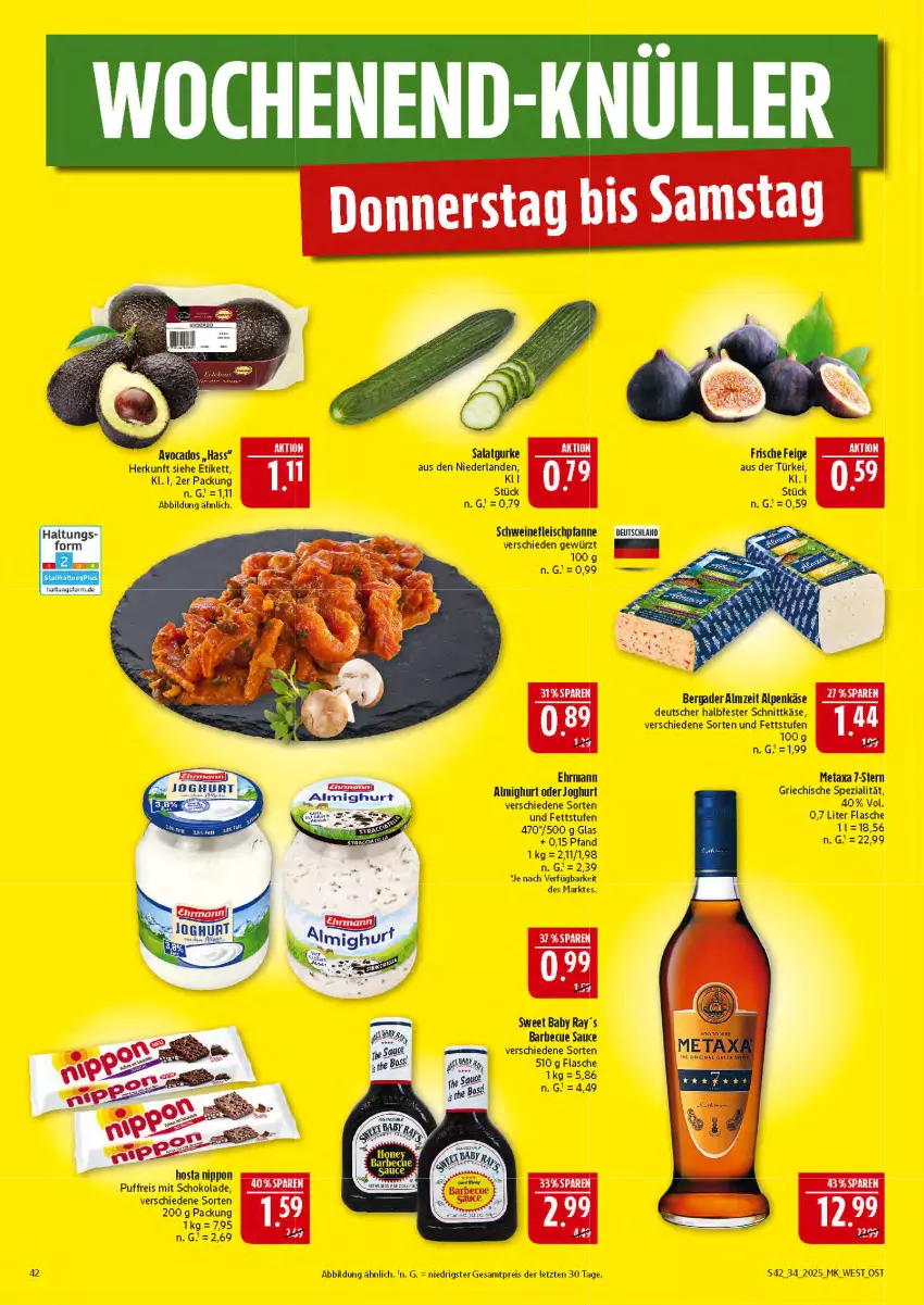Aktueller Prospekt Marktkauf - Prospekt - von 17.08 bis 23.08.2025 - strona 42 - produkty: almighur, almighurt, avocado, avocados, barbecue, bergader, ehrmann, eis, flasche, fleisch, gewürz, gurke, halbfester schnittkäse, HP, joghur, joghurt, Käse, Metaxa, nippon, pfanne, reis, salat, Salatgurke, sauce, schnittkäse, schwein, schweine, schweinefleisch, shake, Spezi, Ti, wein, weine, ZTE