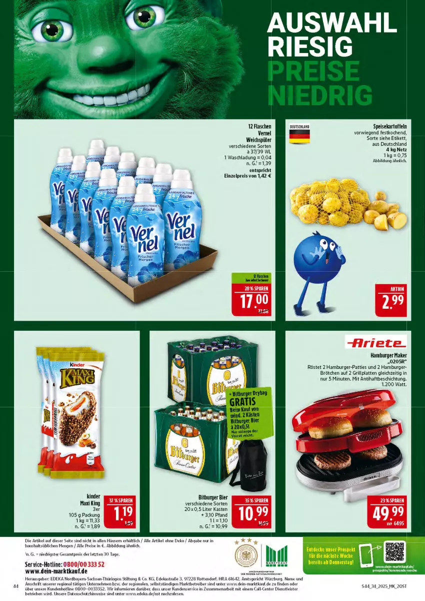 Aktueller Prospekt Marktkauf - Prospekt - von 17.08 bis 23.08.2025 - strona 44 - produkty: Astra, bier, bitburger, brötchen, burger, decke, deka, eis, ente, flasche, grill, grillplatte, hamburger, kartoffel, kartoffeln, Kinder, latte, reis, ring, sac, speisekartoffeln, Ti, vernel, weichspüler, ZTE