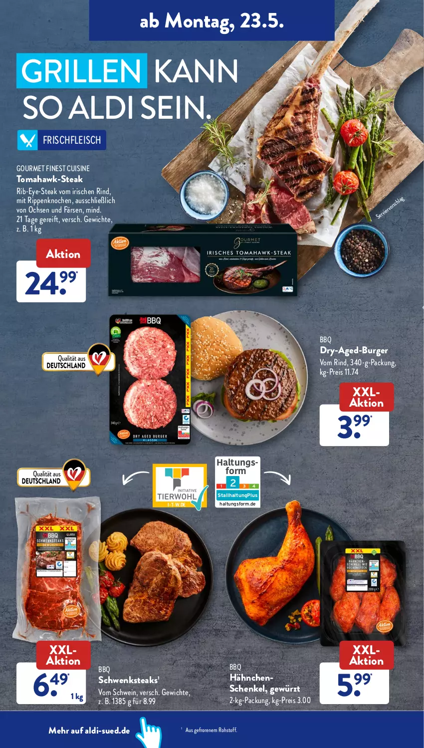 Aktueller Prospekt AldiSud - ALDI Aktuell - von 23.05 bis 28.05.2022 - strona 10 - produkty: aldi, burger, eis, fleisch, gewürz, grill, hähnchenschenkel, henkel, reis, rind, Rippen, schenkel, schwein, steak, steaks, Ti, wein