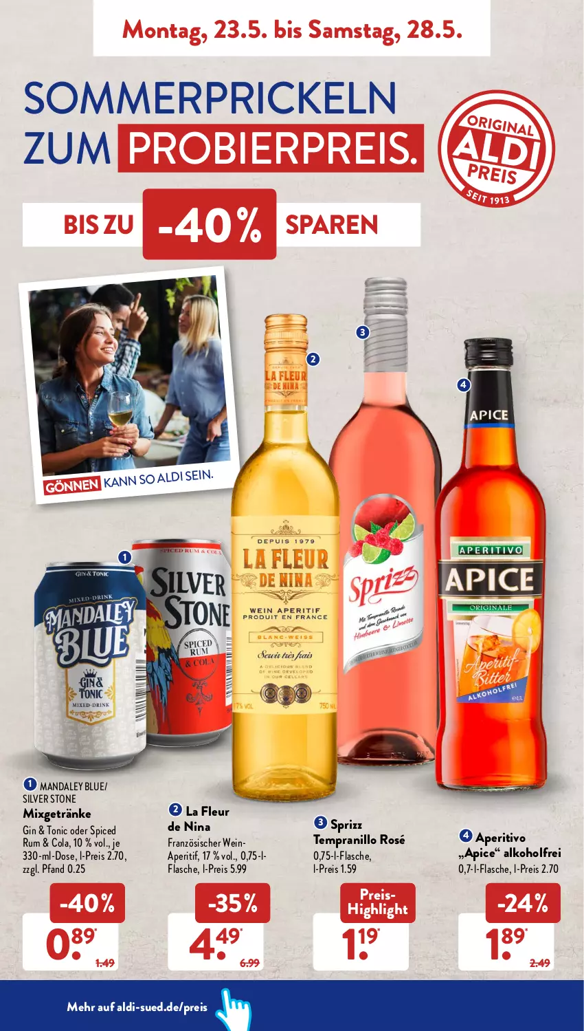 Aktueller Prospekt AldiSud - ALDI Aktuell - von 23.05 bis 28.05.2022 - strona 4 - produkty: aldi, alkohol, aperitif, bier, cola, eis, flasche, getränk, getränke, gin, Mixgetränk, reis, rum, Sprizz, tempranillo, Ti, tonic, wein