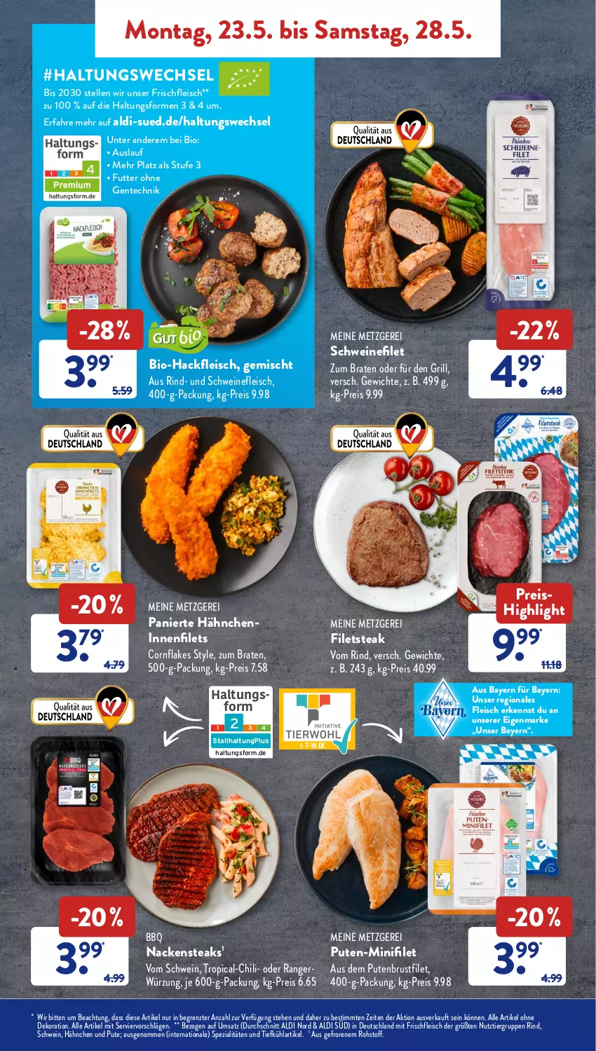 Aktueller Prospekt AldiSud - ALDI Aktuell - von 23.05 bis 28.05.2022 - strona 9 - produkty: aldi, alle artikel ohne dekoration, bio, Bio-Hackfleisch, braten, brustfilet, chili, dekoration, eis, elle, ente, filet, filets, flakes, fleisch, grill, gsw, hackfleisch, Nackensteak, nackensteaks, pute, putenbrust, putenbrustfilet, reis, rind, schwein, schweine, schweinefilet, schweinefleisch, Spezi, steak, steaks, Ti, wein, weine, ZTE