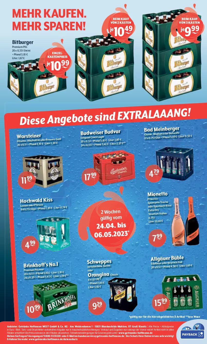 Aktueller Prospekt Getraenke Hoffmann - Prospekte - von 24.04 bis 29.04.2023 - strona 8 - produkty: abholpreise, Bad, Berger, bitburger, burger, ecco, eis, elle, getränk, getränke, gewinnspiel, gin, LG, mionetto, natur, orangina, pfirsich, pils, pilsener, premium pils, prosecco, puma, reis, rel, Spiele, spumante, Ti