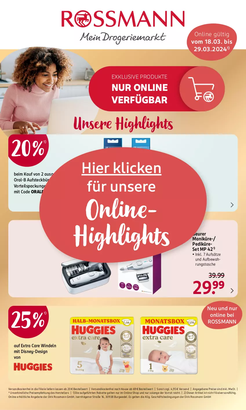 Aktueller Prospekt Rossmann - Prospekte - von 25.03 bis 28.03.2024 - strona 21 - produkty: angebot, angebote, aufbewahrungstasche, aufsteckbürsten, beurer, bürste, bürsten, disney, eis, elle, LG, ndk, oral-b, oralb, reis, Tasche, teller, Ti, versandkostenfrei, wedel, windeln