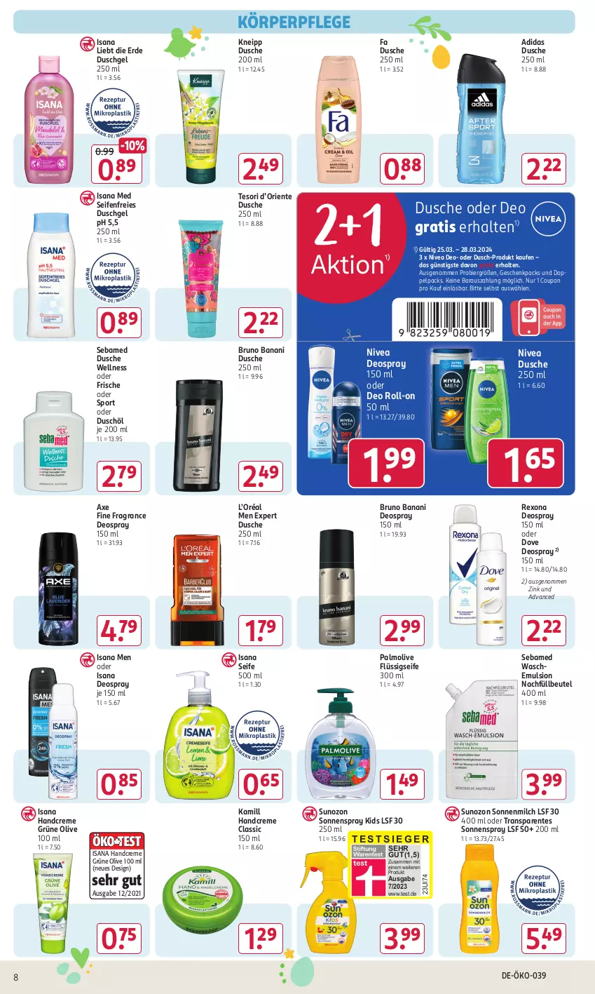 Aktueller Prospekt Rossmann - Prospekte - von 25.03 bis 28.03.2024 - strona 8 - produkty: Adidas, axe, beutel, bier, bruno banani, coupon, creme, deo, deo roll-on, deospray, deospray 150 ml, dove, dusche, duschgel, ente, erde, flüssigseife, handcreme, isana, Kamill, kneipp, körperpflege, milch, nivea, oder deo roll-on, olive, palmolive, rexona, roll-on, sana, sebamed, Seife, sonnenmilch, sonnenspray, Sport, Ti