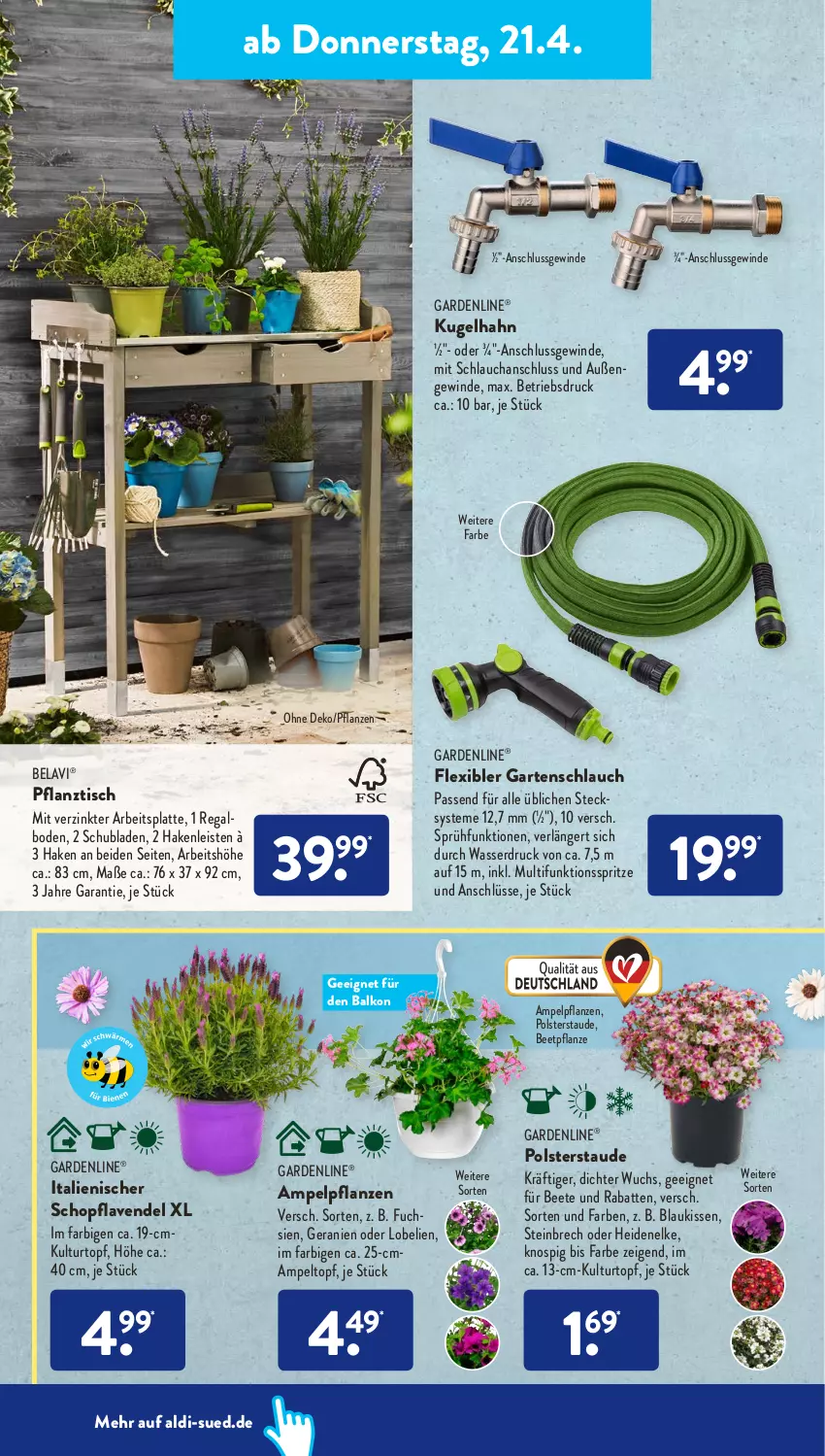 Aktueller Prospekt AldiSud - ALDI Aktuell - von 19.04 bis 23.04.2022 - strona 20 - produkty: aldi, arbeitsplatte, eis, gardenline®, Garten, gartenschlauch, geranie, geranien, kissen, Kugel, kulturtopf, latte, lavendel, Lobelie, mam, passend für alle, pflanze, pflanzen, regal, schlauch, schubladen, Ti, tisch, topf, wasser